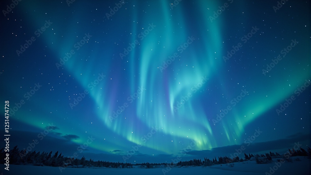 Spectacular celestial auroras dance across a midnight blue sky framing a serene central emptiness Perfect for tranquil and cosmic vibes