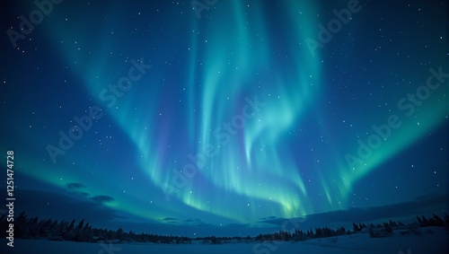 Obraz na płótnie Spectacular celestial auroras dance across a midnight blue sky framing a serene central emptiness Perfect for tranquil and cosmic vibes w salonie