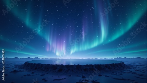 Experience the mesmerizing beauty of a midnight blue horizon adorned with emerald and lilac auroras encircling a mysterious shadowy void