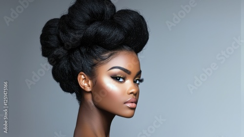 A woman with a beautiful hairstyle and makeup