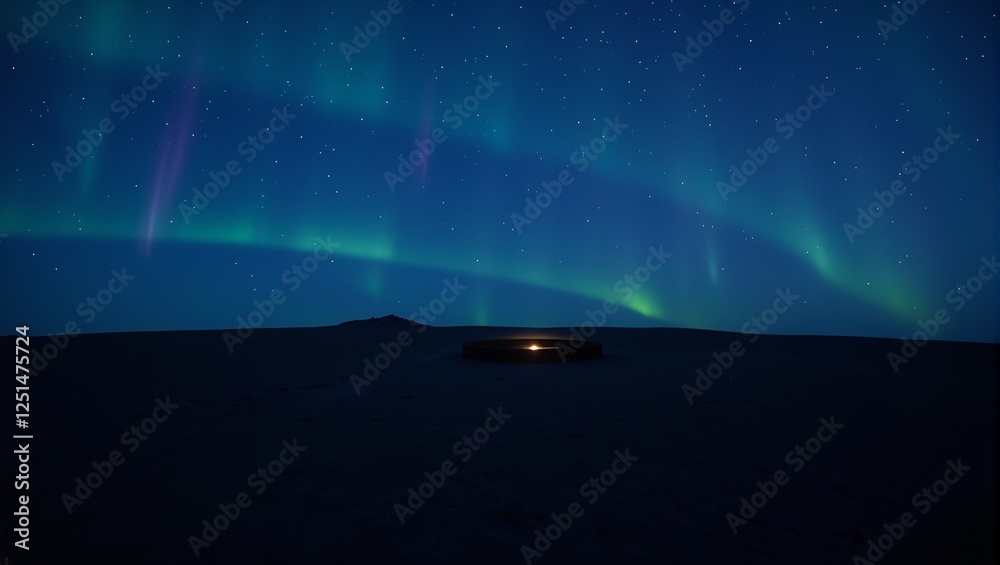 Tranquil midnight horizon with soft green and purple auroras encircling a dark void Ominous yet serene Tranquil midnight horizon with soft green and purple auroras encircling a dark void Ominous yet serene