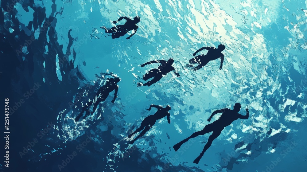 Fototapeta premium Boys swimming. Swimmers racing in the pool. Underwater view on the water of the pool. Billboard or branner design. Gaps fill your data to fill. Concept for web pages, schools,Special sports classes. 