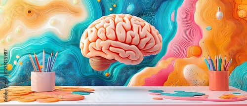 Floating brain above a desk photo