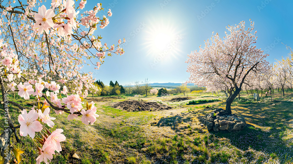 Serene Blossom Landscape with Sunlight and Vibrant Nature Scene Serene Blossom Landscape with Sunlight and Vibrant Nature Scene