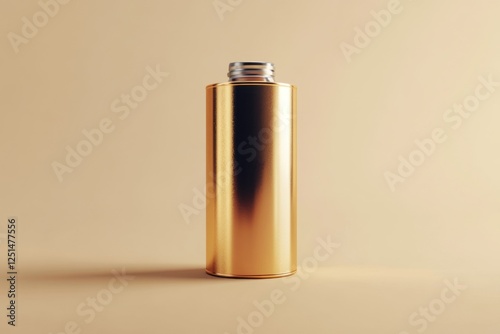 Golden cosmetic bottle stands against a pale background