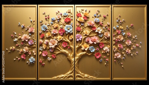 Elegant 3d style golden floral tree with colorful flowers and leaves on branches in four panels. Ideal for decorative purposes, 3d wallpaper for walls, and interior decor.