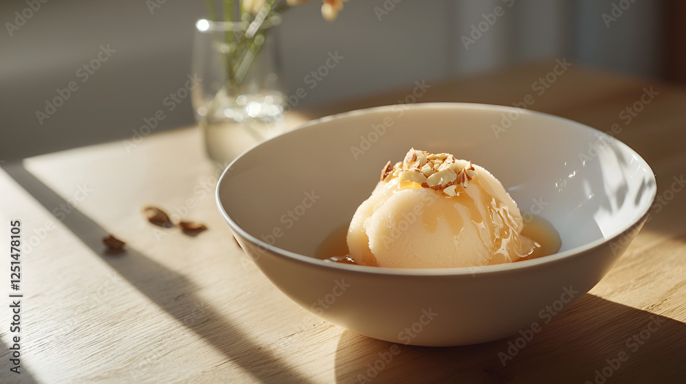 Delicious dessert bowl, light and airy with fruit sorbet, drizzled syrup, and almond slivers on a sunlit table. A gourmet treat. Delicious dessert bowl, light and airy with fruit sorbet, drizzled syrup, and almond slivers on a sunlit table. A gourmet treat.