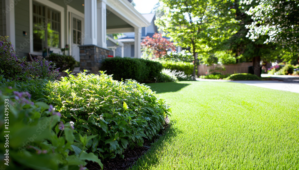 Naklejka premium Lush green lawn with soft grass and vibrant landscaping in sunlight
