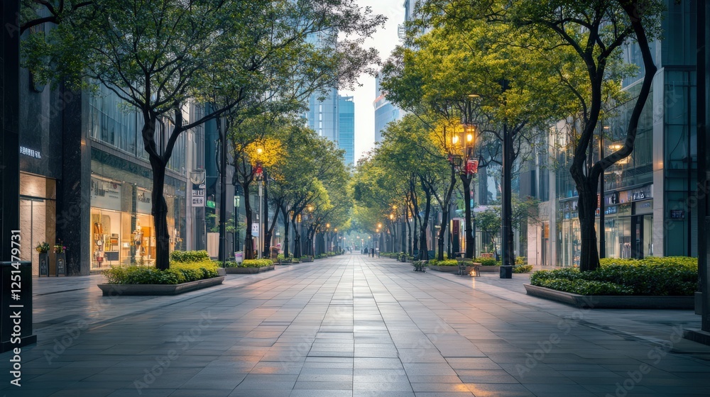 Fototapeta premium A city street with a sidewalk and trees lining the street