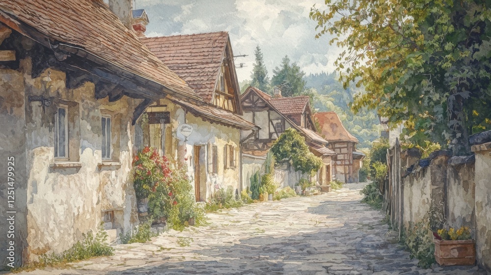 A charming cobblestone street winds through a village filled with rustic houses adorned with blooming flowers. Lush greenery and a partly cloudy sky enhance the peaceful daytime atmosphere A charming cobblestone street winds through a village filled with rustic houses adorned with blooming flowers. Lush greenery and a partly cloudy sky enhance the peaceful daytime atmosphere