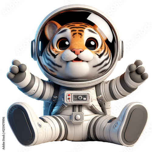 Cute and happy 3d tiger astronaut isolated on white background, digital art