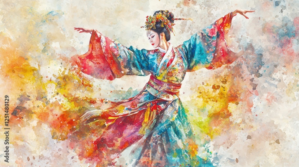 Naklejka premium A skilled dancer in a beautifully adorned traditional outfit performs with elegance and poise. The background is filled with swirling colors, adding to the artistic expression of the moment