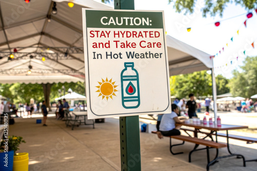 A caution sign reminding people to stay hydrated and take care in hot weather, featuring a sun and a water bottle graphic.