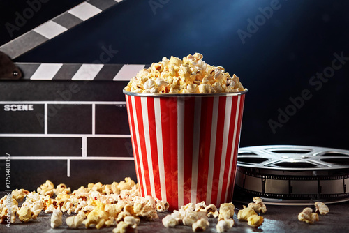 Popcorn Bucket with Striped Red Design, Clapperboard, and Film Reel - Classic Movie Night Cinematic Snack Scene