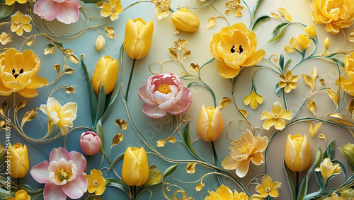 Fototapeta Naklejka Na Ścianę i Meble -  Wallpaper design, intricate floral pattern, various shades of yellow. Delicate tulips, narcissus, peonies intertwine with swirling vines and leaves, soft gradient background. Flowers luxurious pattern