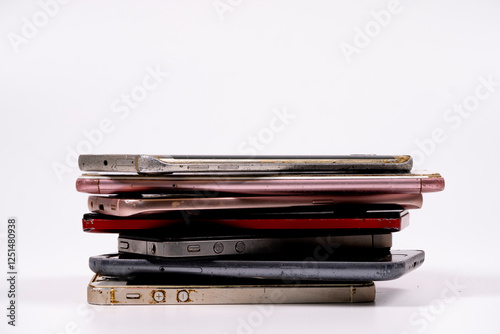 Pile of used smartphones on a plain background depicting electronic waste