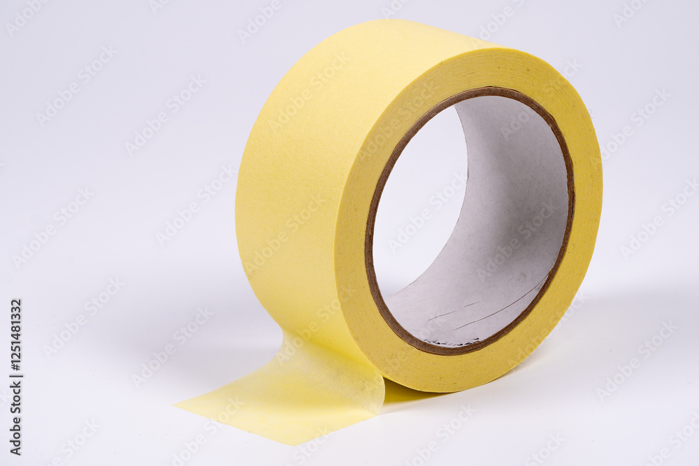 Yellow masking tape roll on white background highlighting adhesive quality Yellow masking tape roll on white background highlighting adhesive quality