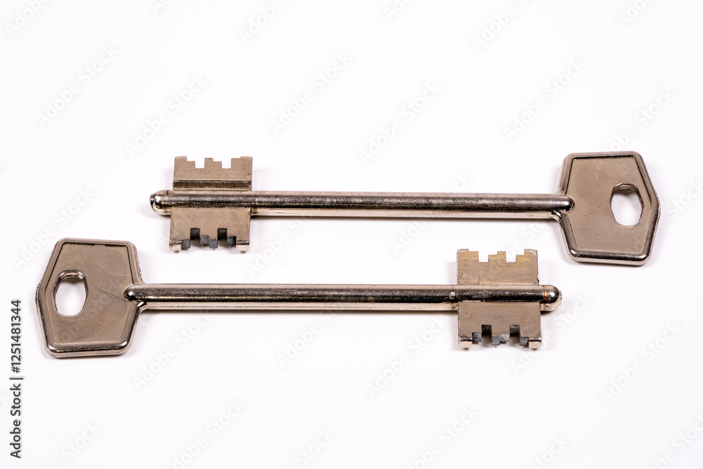 Old-fashioned metal keys lying side by side on a white surface Old-fashioned metal keys lying side by side on a white surface