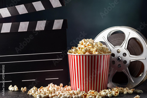 Popcorn Bucket with Striped Red Design, Clapperboard, and Film Reel - Classic Movie Night Cinematic Snack Scene