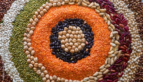 A colorful, high-resolution background featuring a top-down view of an artistic arrangement of lentils, chickpeas, beans, and peas forming a vibrant pattern