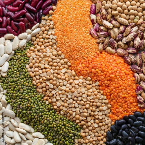 A colorful, high-resolution background featuring a top-down view of an artistic arrangement of lentils, chickpeas, beans, and peas forming a vibrant pattern