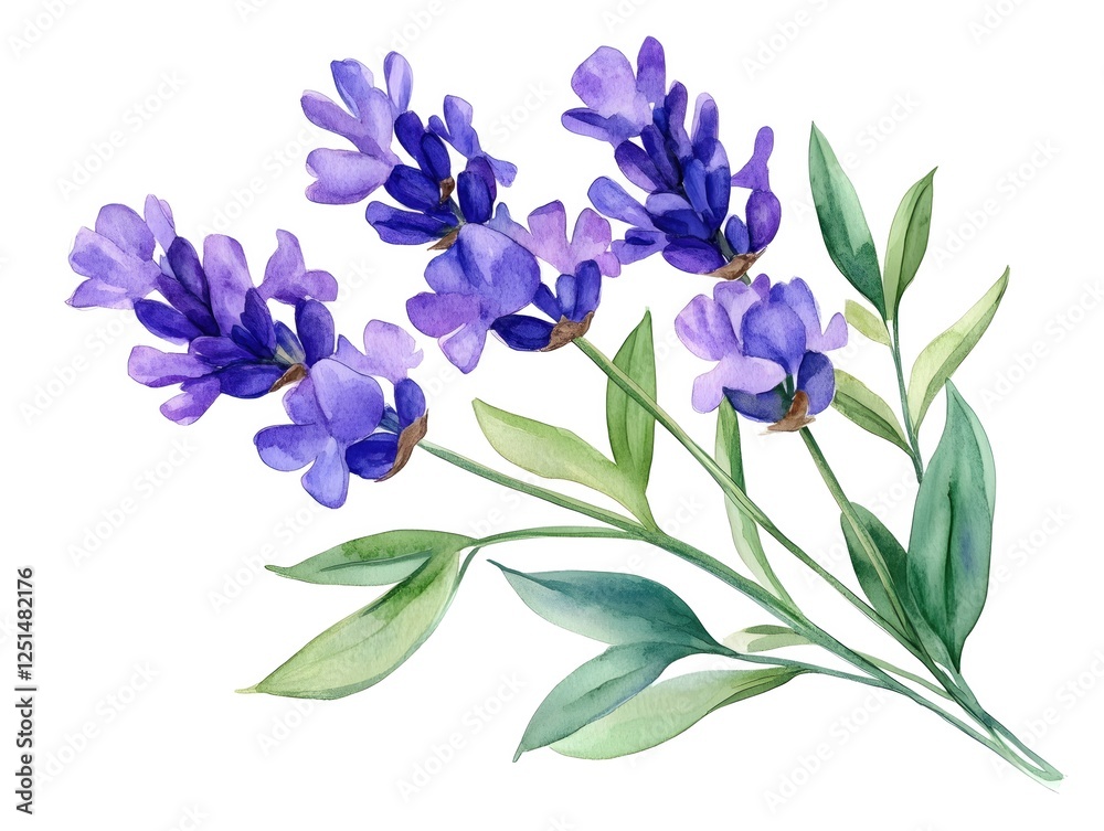 Fototapeta premium Watercolor lavender flowers with green leaves on white background botanical illustration