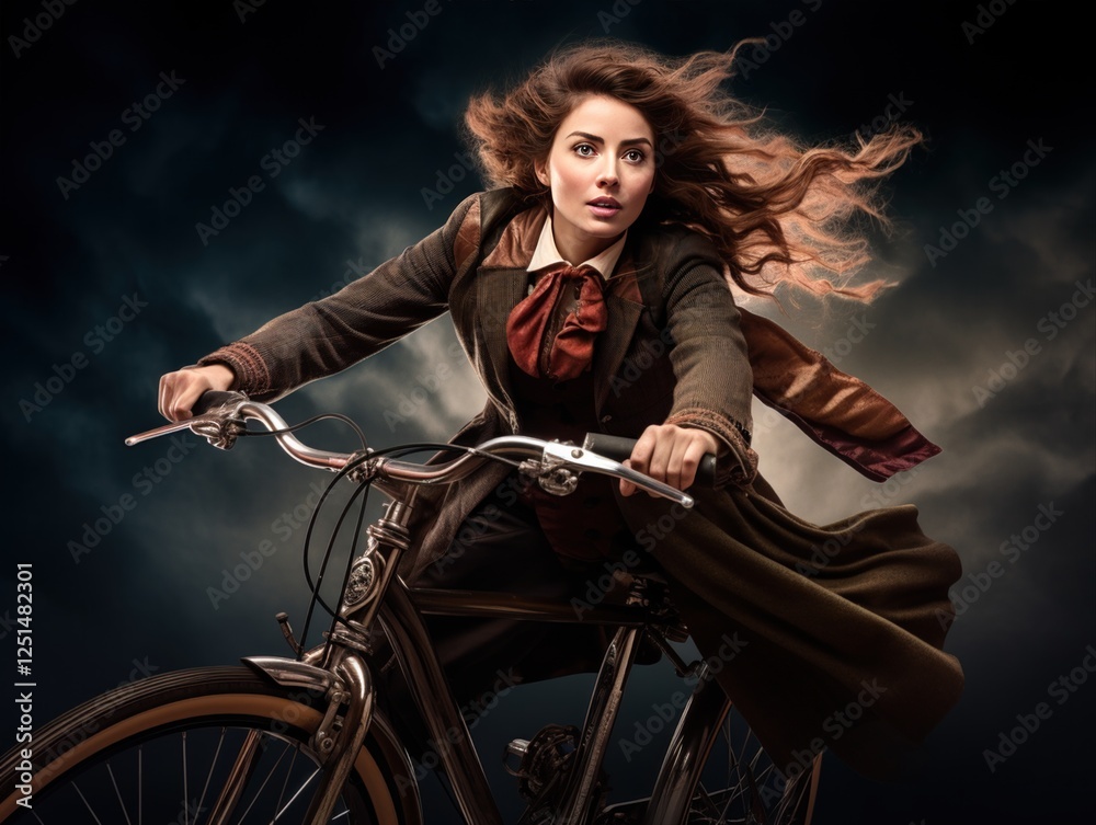 Fototapeta premium Vintage clad woman pedaling classic bicycle, stylish hat framing determined face, windswept hair suggesting dynamic journey
