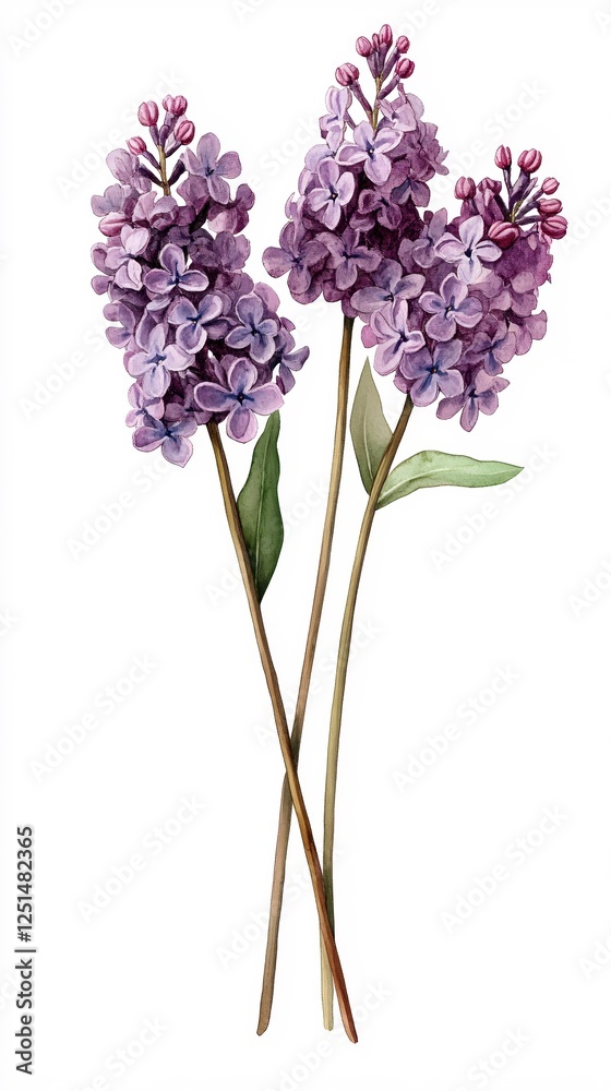 Obraz premium Delicate Watercolor Painting of Lilac Blossoms on a White Background Floral Botanical Art