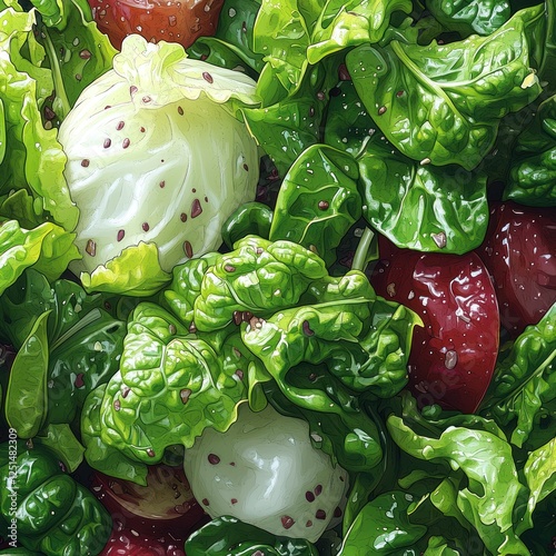 Close-up of vibrant mixed greens salad, with tomatoes and mozzarella photo