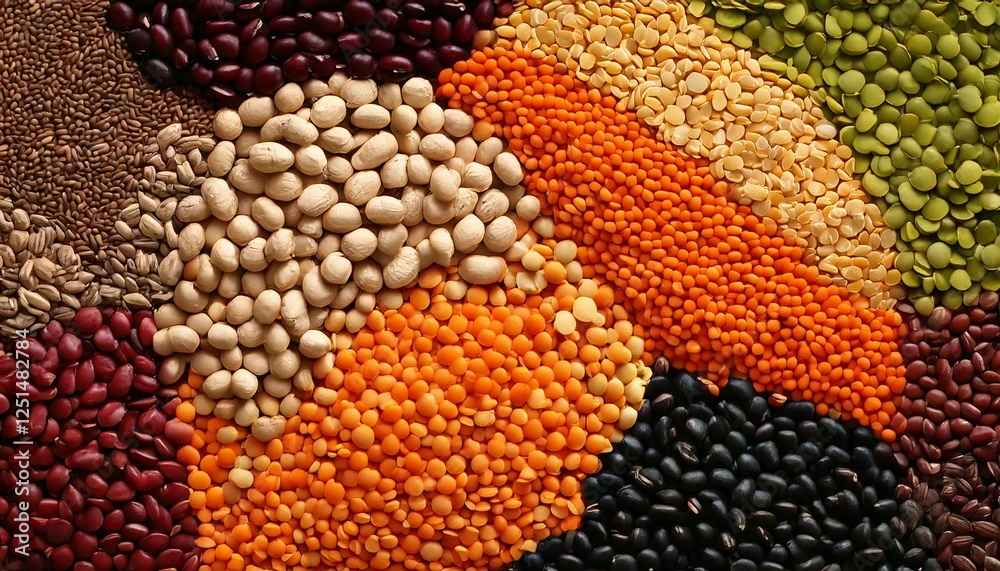 A colorful, high-resolution background featuring a top-down view of an artistic arrangement of lentils, chickpeas, beans, and peas forming a vibrant pattern A colorful, high-resolution background featuring a top-down view of an artistic arrangement of lentils, chickpeas, beans, and peas forming a vibrant pattern