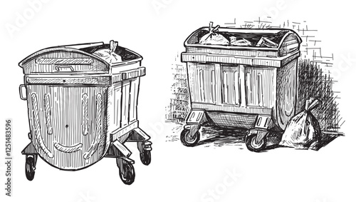 Hand drawn garbage containers in yard of city house, realistic sketches, vector illustration isolated on white