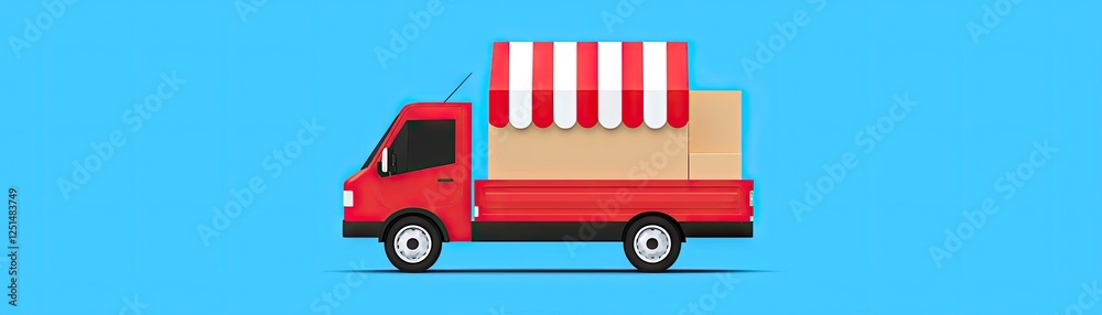 Red truck with awning carrying box on light blue background. Delivery service Red truck with awning carrying box on light blue background. Delivery service