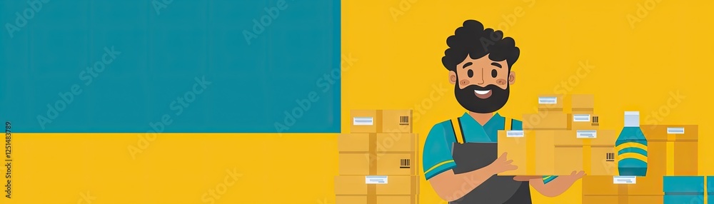 Worker holding boxes, teal and yellow background Worker holding boxes, teal and yellow background