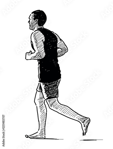 Sketch of casual athletic man on healthy jogging, running outdoors, realistic hand drawn illustratin vector isolated on white