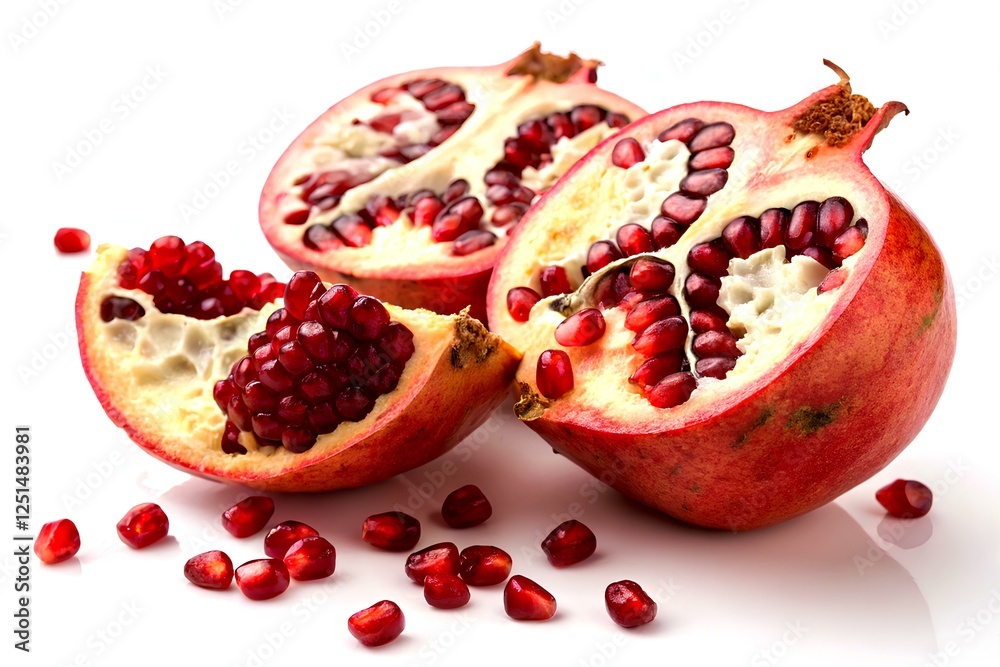 A pomegranate cut in half, the seeds oozing with juice A pomegranate cut in half, the seeds oozing with juice