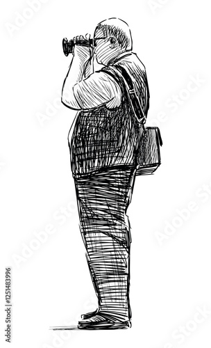 Sketch of one casual senior man, tourist photographer taking picture on camera,  photographing outdoors, realistic hand drawing, vector illustration, isolated on white