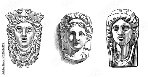 Sketches of three different stone female masks, ancient artistic architectural details, sculpture faces, three female heads, vector hand drawn illustration isolated on white