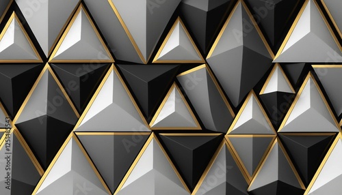 Abstract geometric pattern with 3D triangles in black and gold, modern luxury background with metallic texture, elegant futuristic design for digital art.