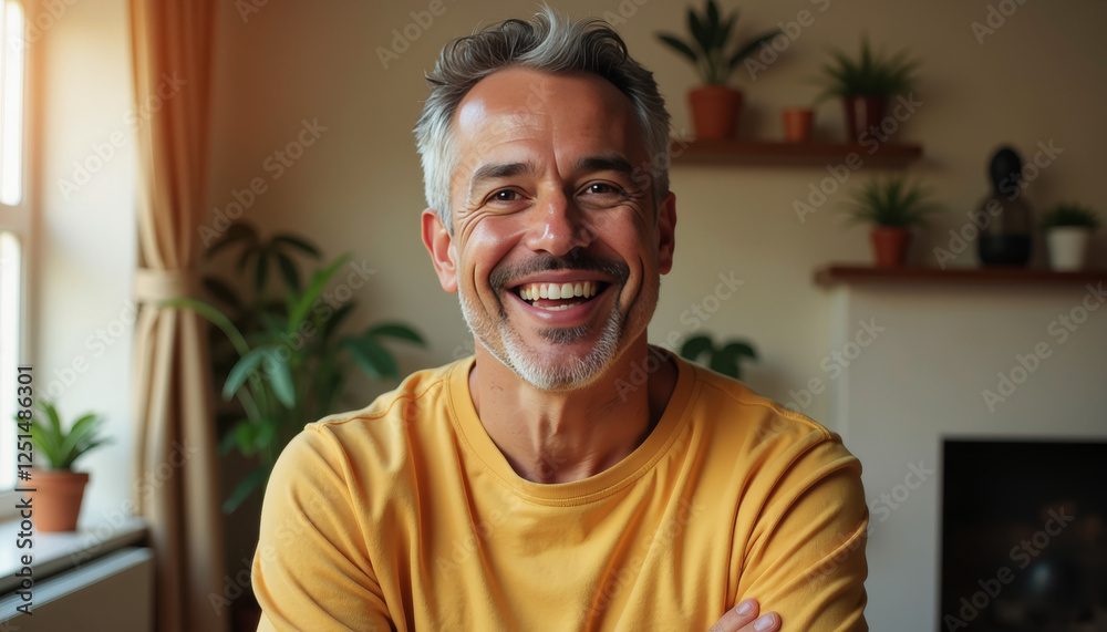 Joyful man in cozy space enjoying life and laughter during a sunny afternoon surrounded by plants Joyful man in cozy space enjoying life and laughter during a sunny afternoon surrounded by plants