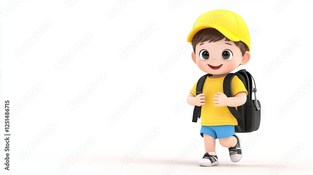 Cartoon boy walking to school, cheerful, 3D render, happy Cartoon boy walking to school, cheerful, 3D render, happy
