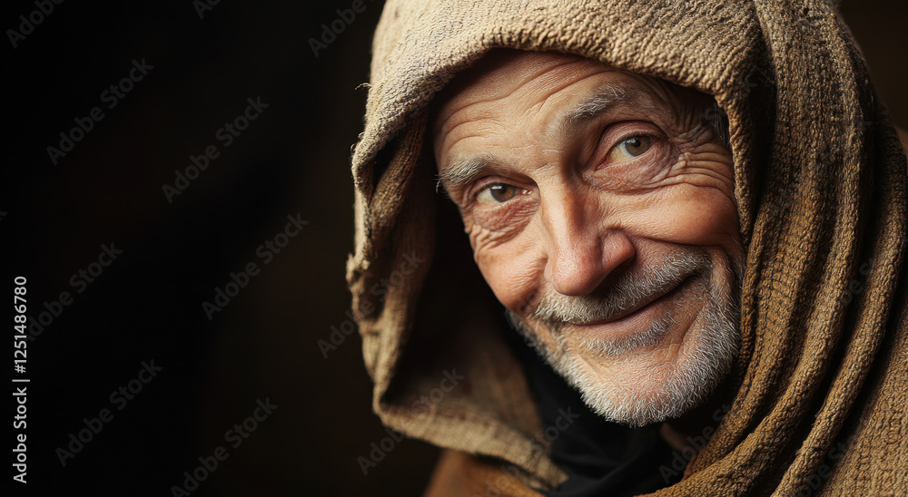 A middle-aged man with a friendly smile wearing a hooded cloak sits peacefully in a rustic area of Mangle, St Paul A middle-aged man with a friendly smile wearing a hooded cloak sits peacefully in a rustic area of Mangle, St Paul