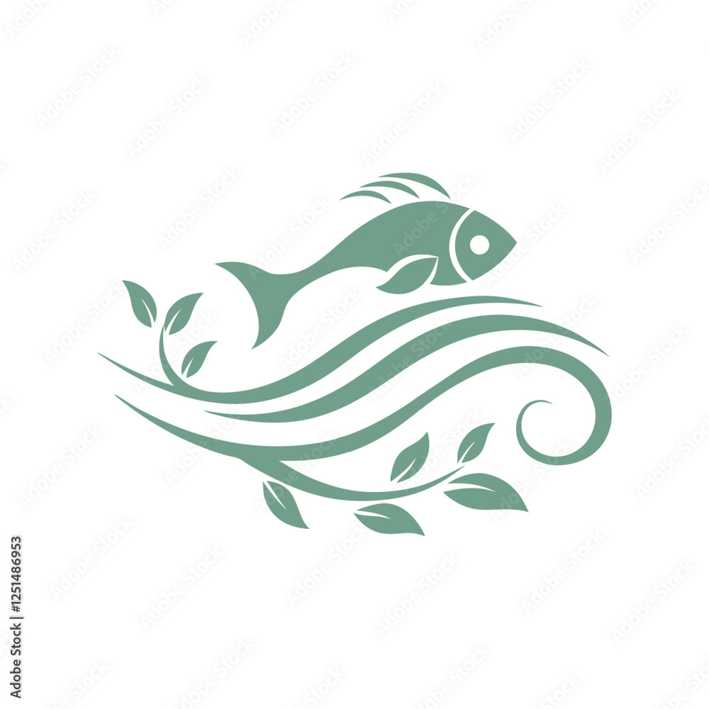 a fish swimming through waves made of green leaves. a fish swimming through waves made of green leaves.