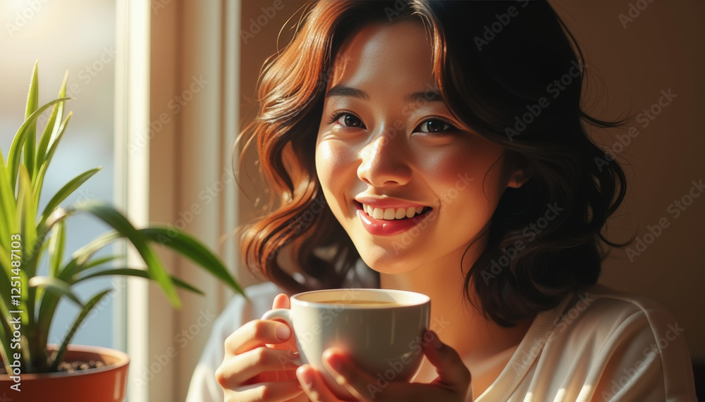 Joyful moments over a steaming cup in a sunny corner filled with greenery and warmth Joyful moments over a steaming cup in a sunny corner filled with greenery and warmth