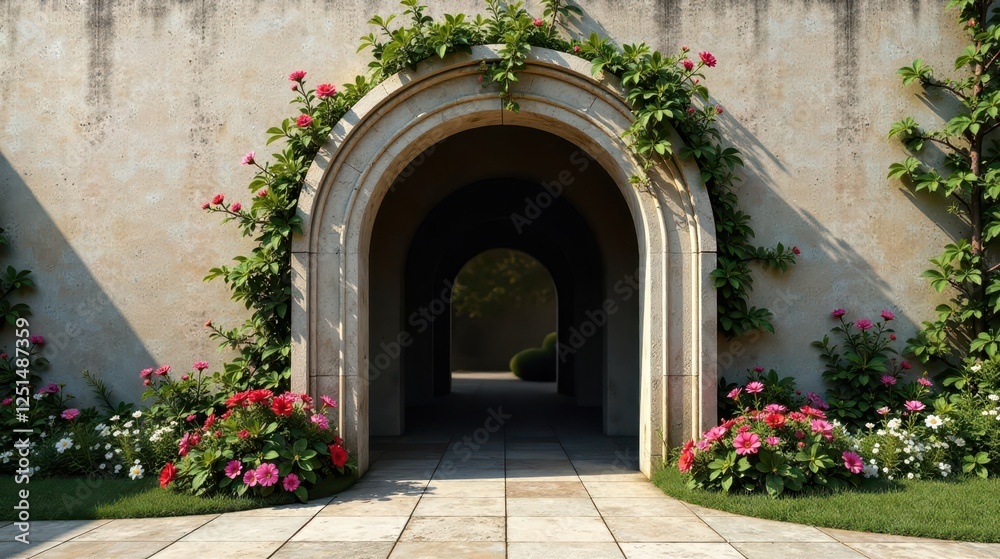 Fototapeta premium Serene Archway Entrance to a Tranquil Garden Oasis with Flourishing Blooms