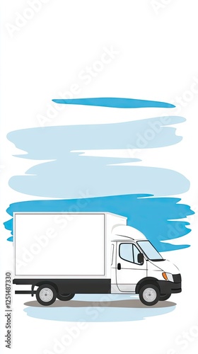 Simple white delivery truck illustration against light blue background photo