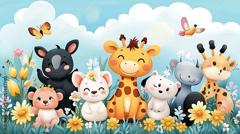 Naklejka premium Adorable Baby Animals in a Spring Meadow: Digital Illustration AI Generated