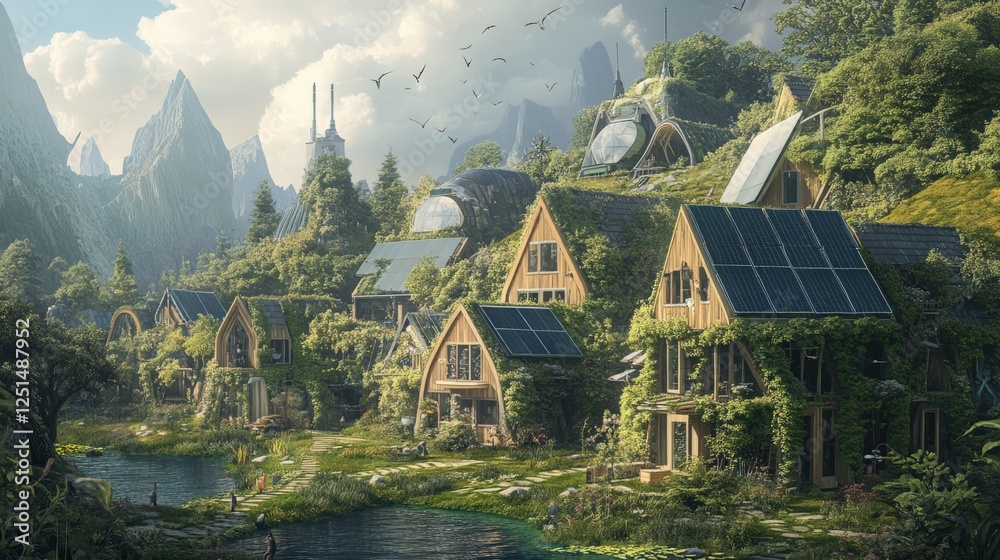 Fototapeta premium A lush green valley with a river running through it