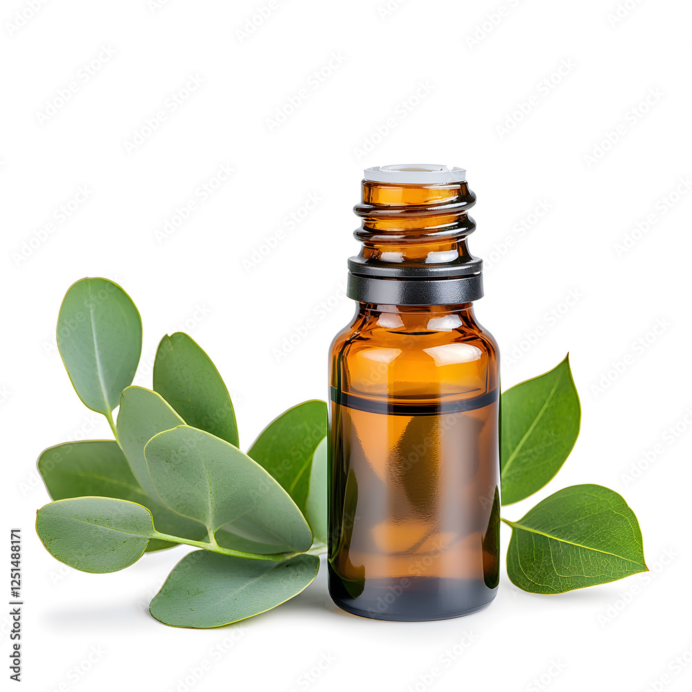 Eucalyptus oil extract glass bottle mock up flat lay with eucalyptus branches isolated on white Eucalyptus oil extract glass bottle mock up flat lay with eucalyptus branches isolated on white