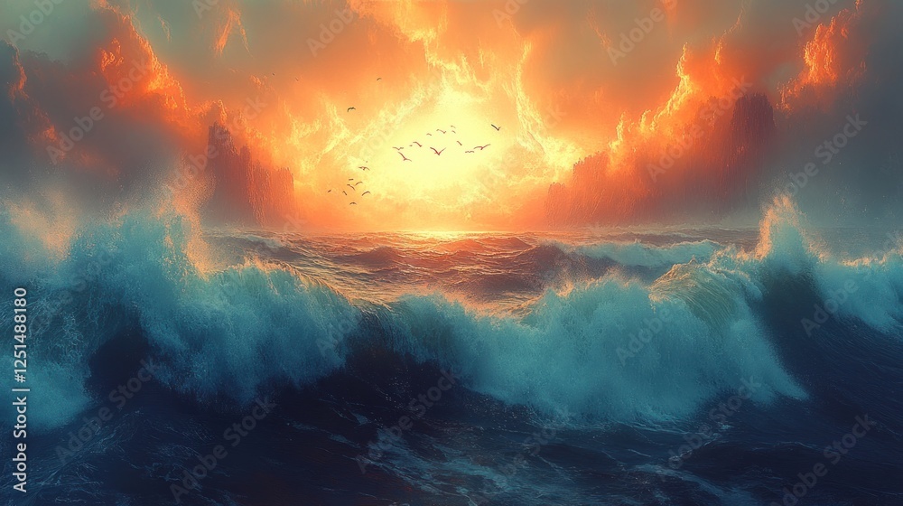 Fototapeta premium Fiery Sunset over Turbulent Ocean with Birds