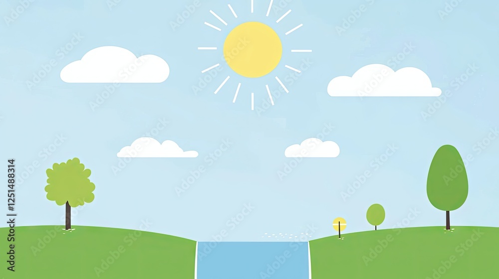 Fototapeta premium Simple landscape with sun and clouds. Peaceful scene. Possible use Background for children's book